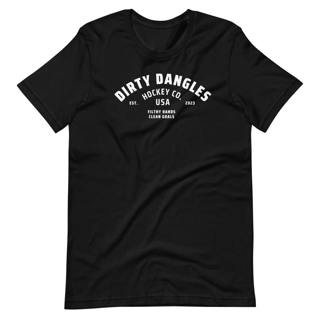 A black hockey t shirt on a white background. Dirty dangles hockey co,.