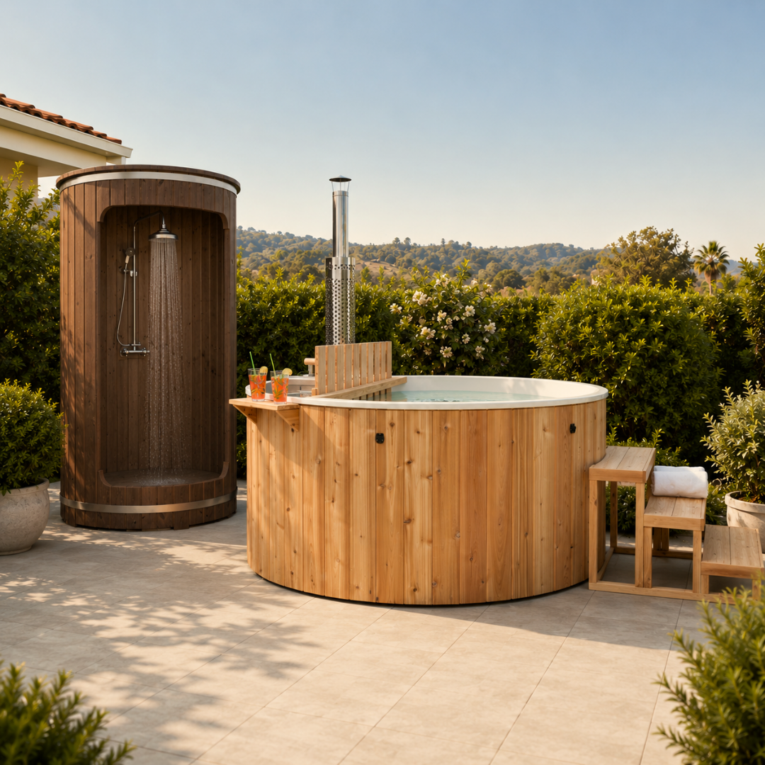 a shower barrel and a cold plunge in outdoor space.