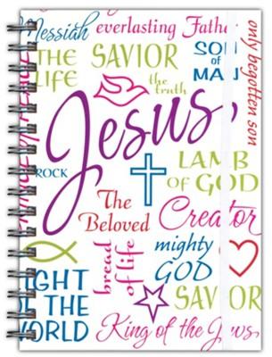 spiral journal with colorful letters including many names of Jesus