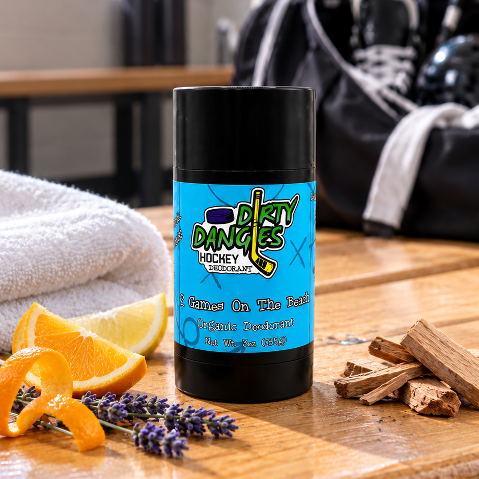 aluminum-free deodorant 2 games on the beach scent on a bench in a hockey locker room with citrus, lavender and sandalwood.
