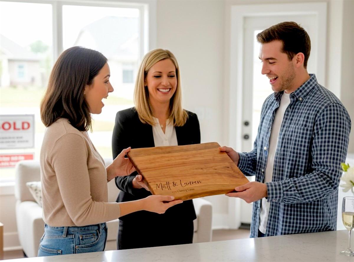 Realtor giving a personalized live edge walnut charcuterie board as a closing gift