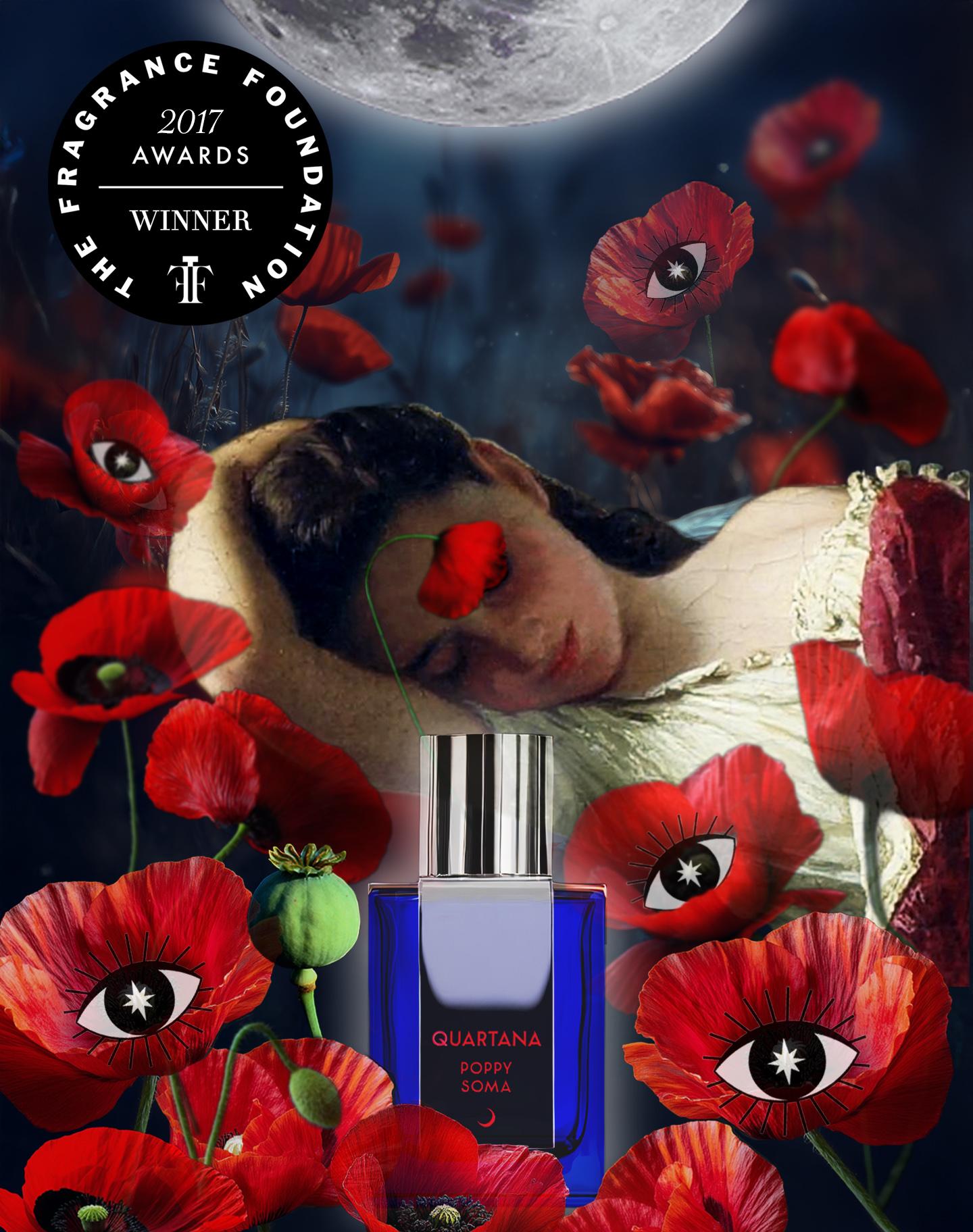 Poppy Soma extrait de parfum editorial image with girl sleeping in a Poppy field.