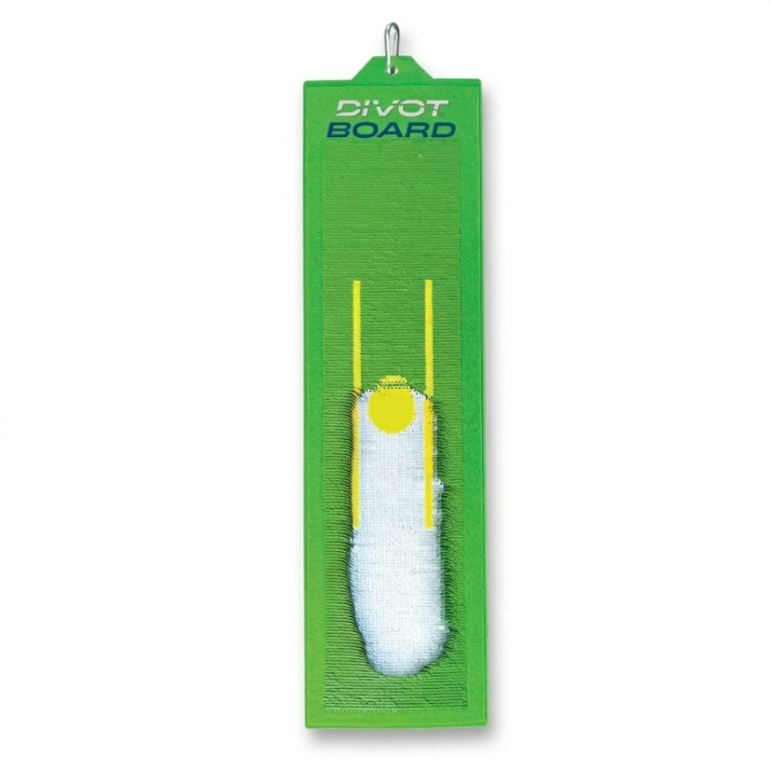 Divot Board golf swing trainer showing green feedback pad and alignment guides