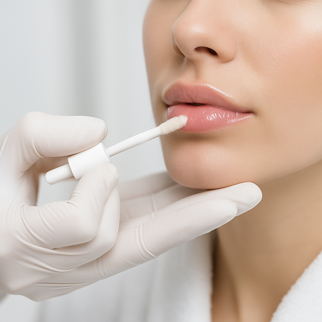 A clean, white-glove spa aesthetic showing lips being gently treated