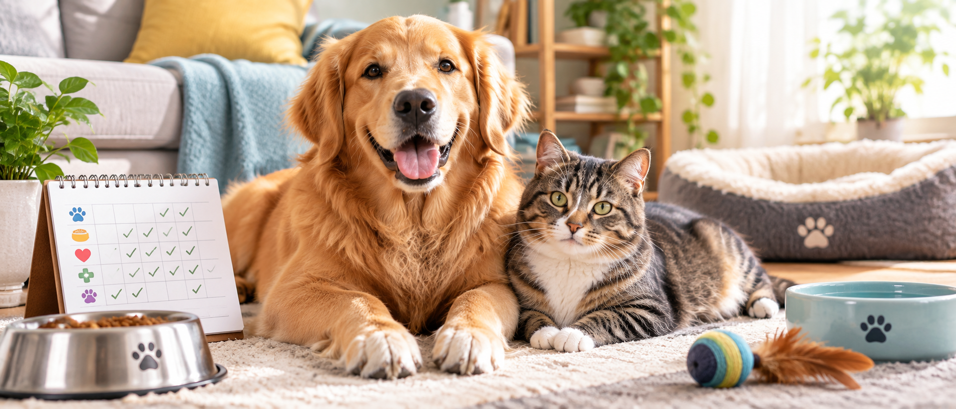 A happy, healthy dog and cat sitting comfortably next to a daily pet supplement tub on a sunlit porch.