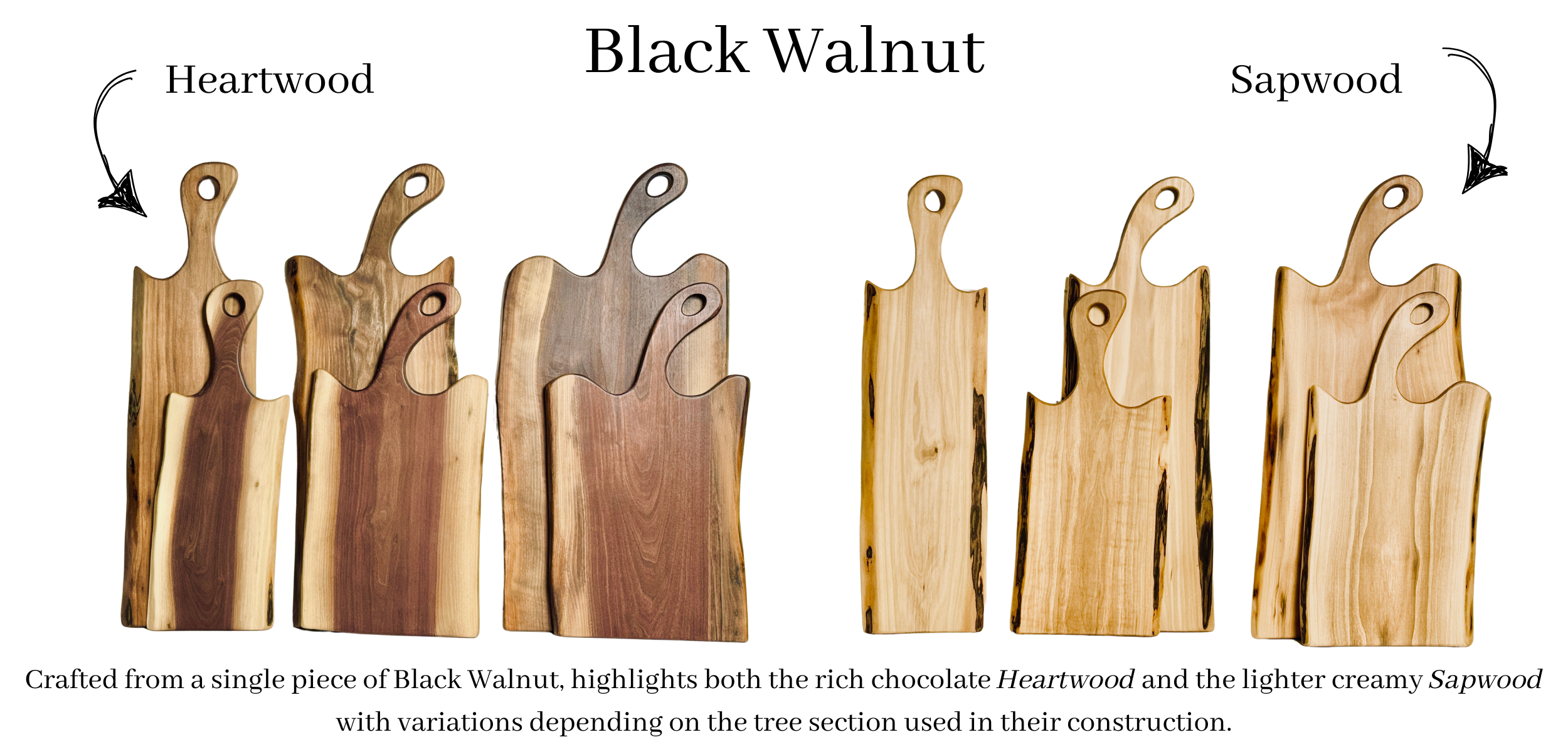 Comparison black walnut heartwood vs black walnut sapwood live edge charcuterie boards