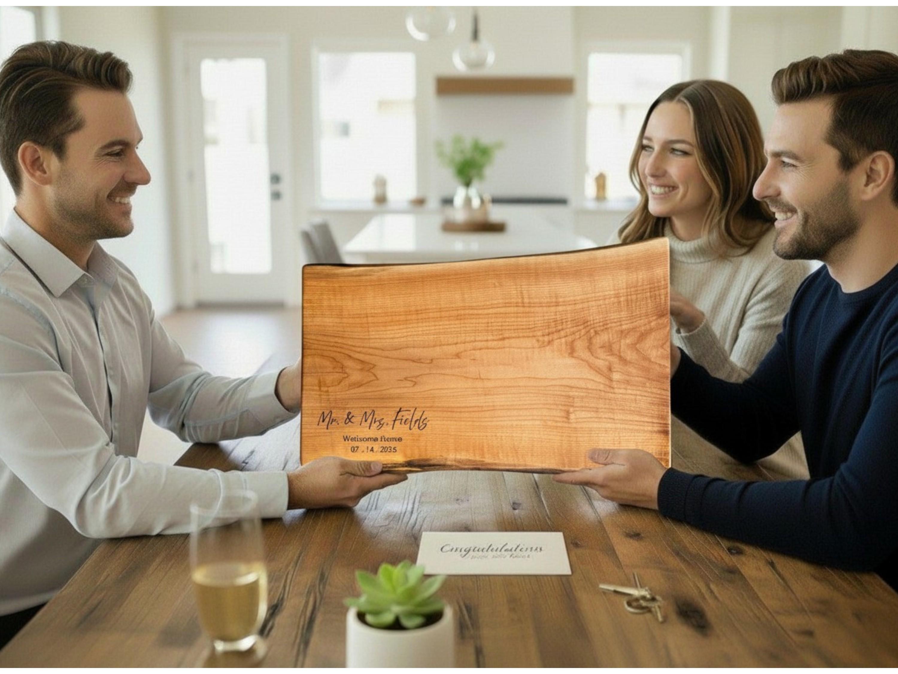 Realtor giving a personalized live edge maple charcuterie board as a closing gift