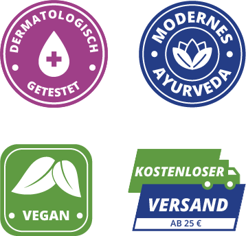 Icons for no added synthetic chemicals, not tested on animals, dermatologically tested, vegan
