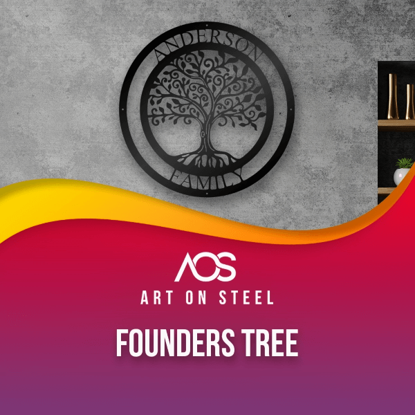 Founders Tree of Life Metal Wall Art – Custom family name steel wall décor by Art on Steel, personalized black metal artwork symbolizing strength, heritage, and connection, perfect for modern homes and offices.