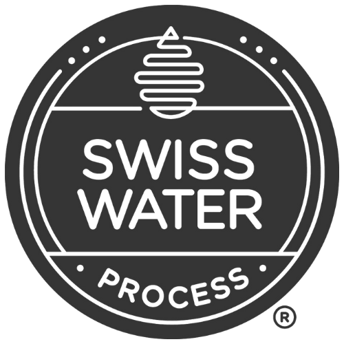 Swiss Water Process certification badge for chemical-free decaf coffee, highlighting 100% solvent-free flavor preservation.