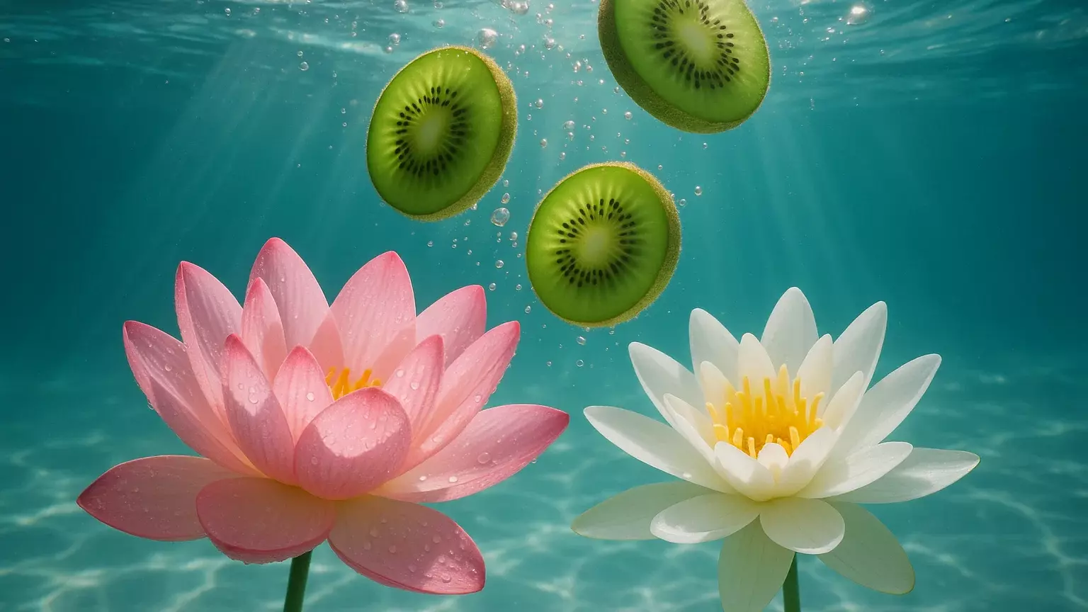 Representative image of Lotus, White Water Lily and Kiwi generated by via AI (OpenAI Sora)