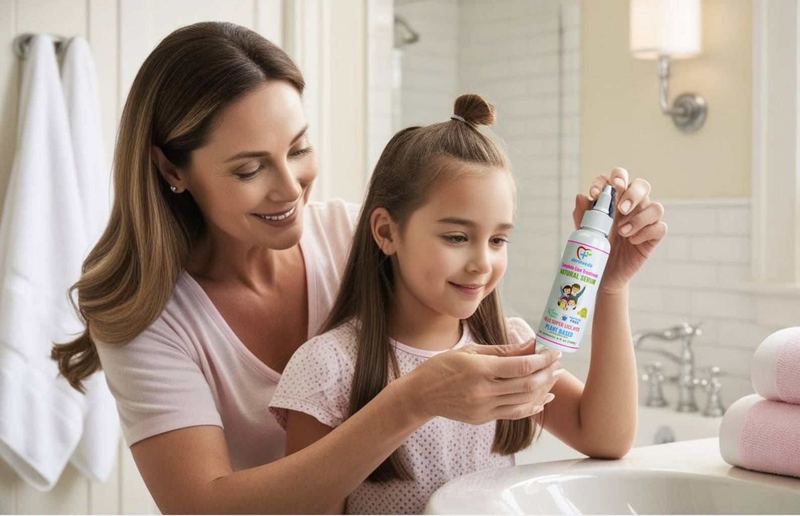Kid holding Dermveda Tea tree oil lice treatment