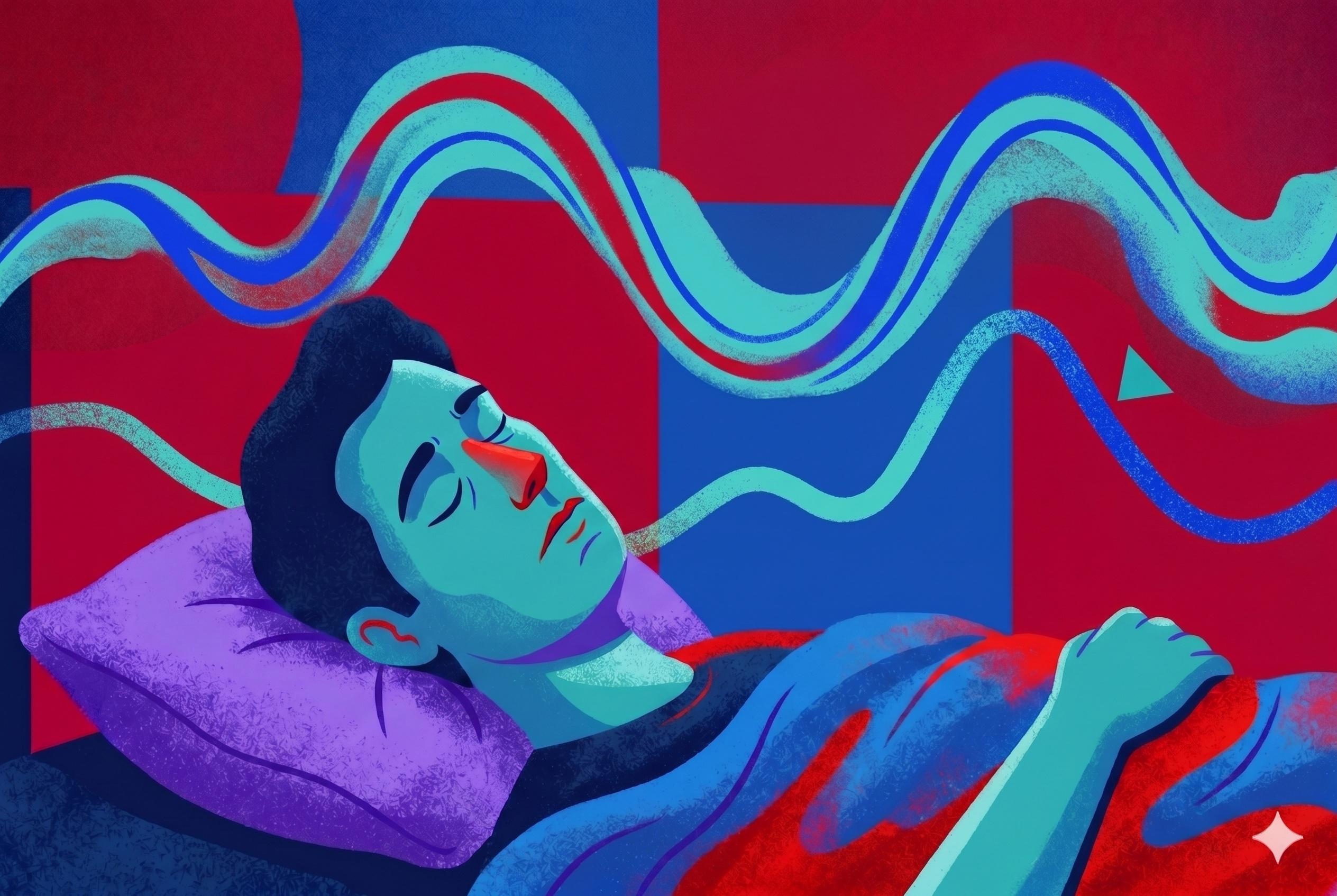 Man in deep sleep lying still under a blanket, with a single slow delta brain wave flowing through the background — editorial illustration for an article on how much deep sleep you need.