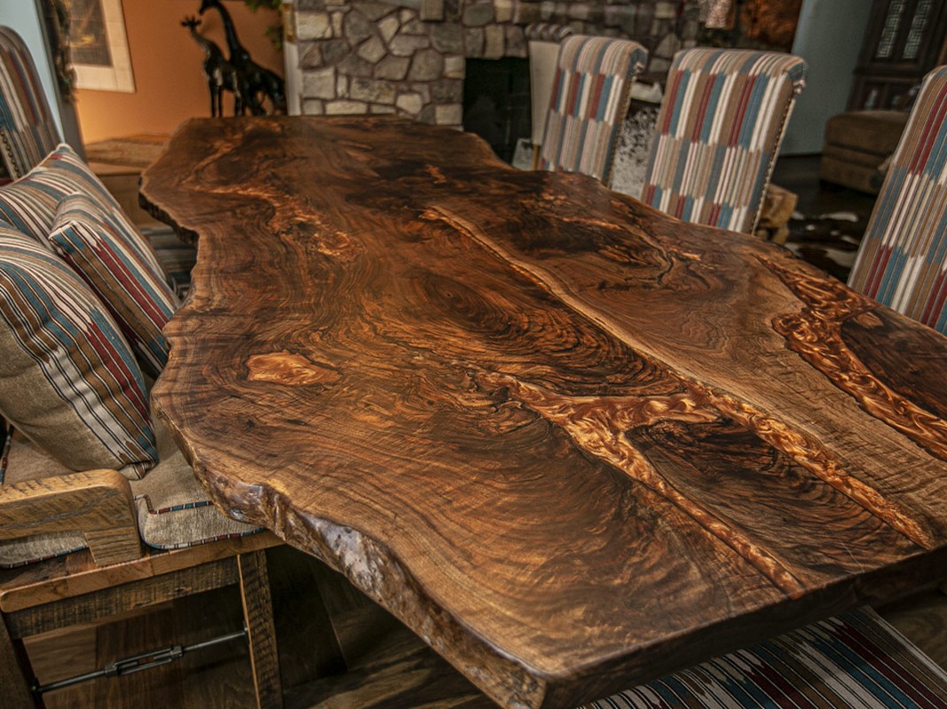 live edge dining table with copper epoxy river