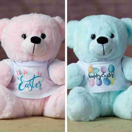 Pink and blue bears that are wearing festive Easter-themed t-shirts
