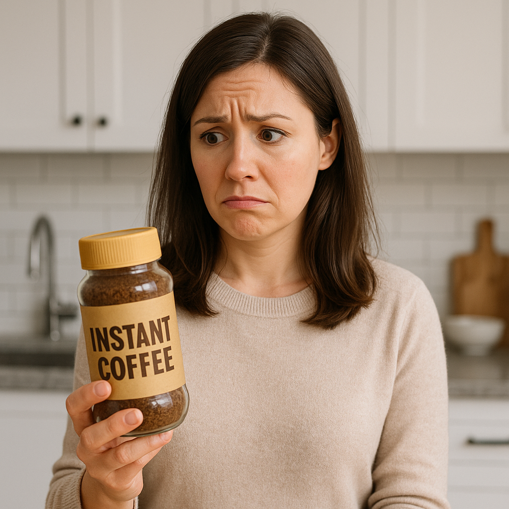 Worried woman in a beige sweater holds a jar of instant coffee in a modern white kitchen.