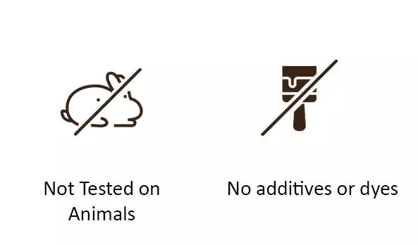 no harmful chemicals, no sulfates, no parabens, not tested on animasl, no additives or dyes icons