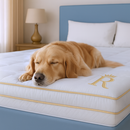 Golden retriever resting on a bed fitted with a white quilted Royal Therapy mattress pad