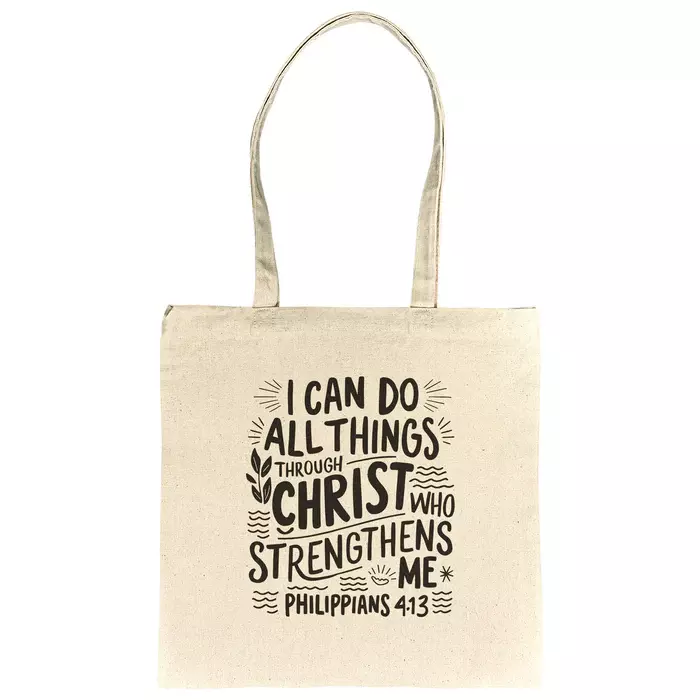 text on canvas tote bag says "I can do all things through Christ who strengthens me" Philippians 4:13