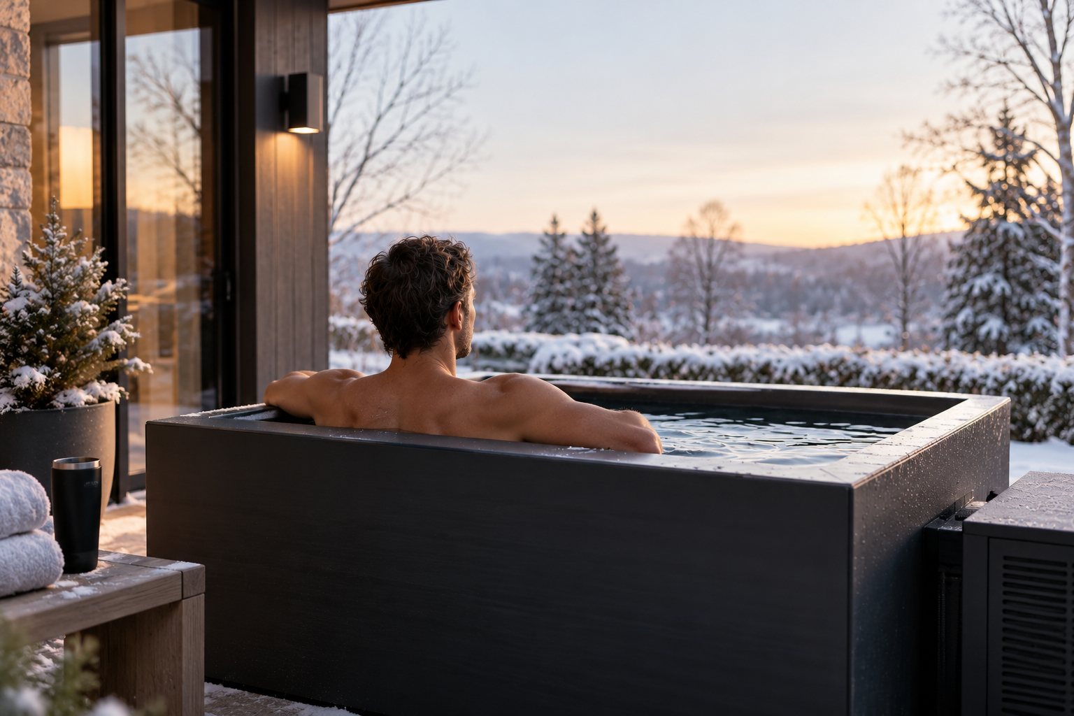 Person using an outdoor cold plunge tub in winter