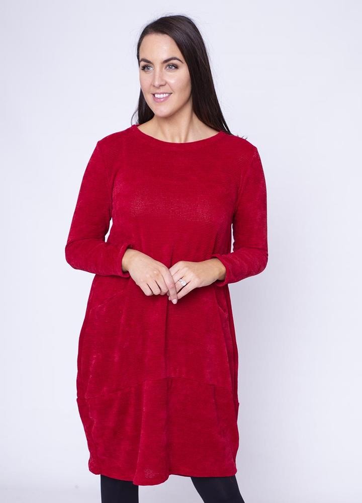 Velour Pocket Dress in Red