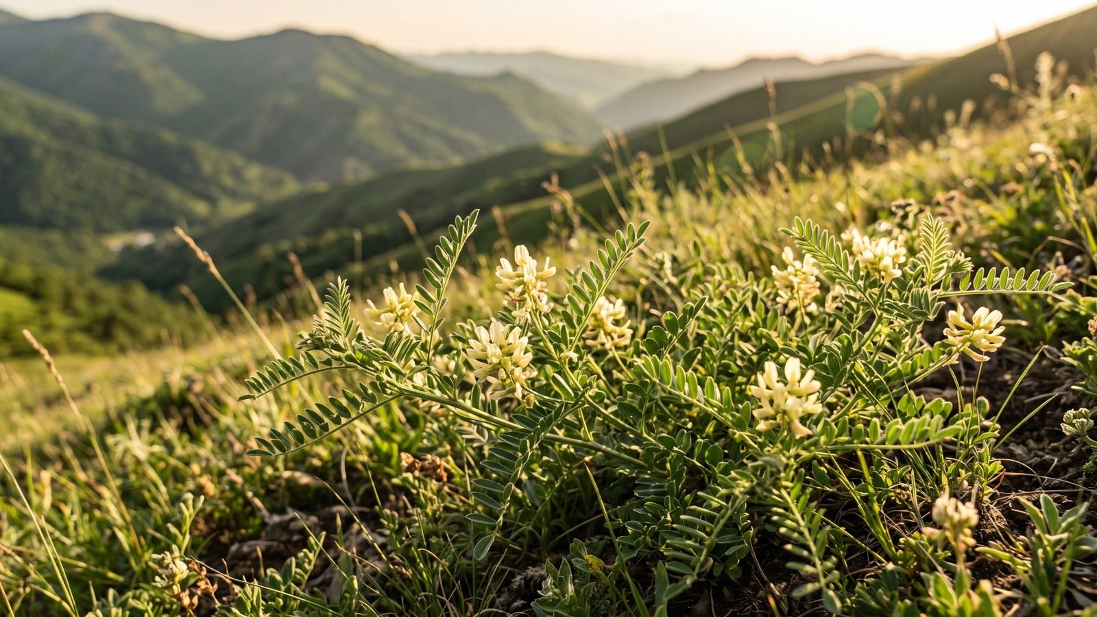 Flowering astragalus plants on a sunny mountain hillside