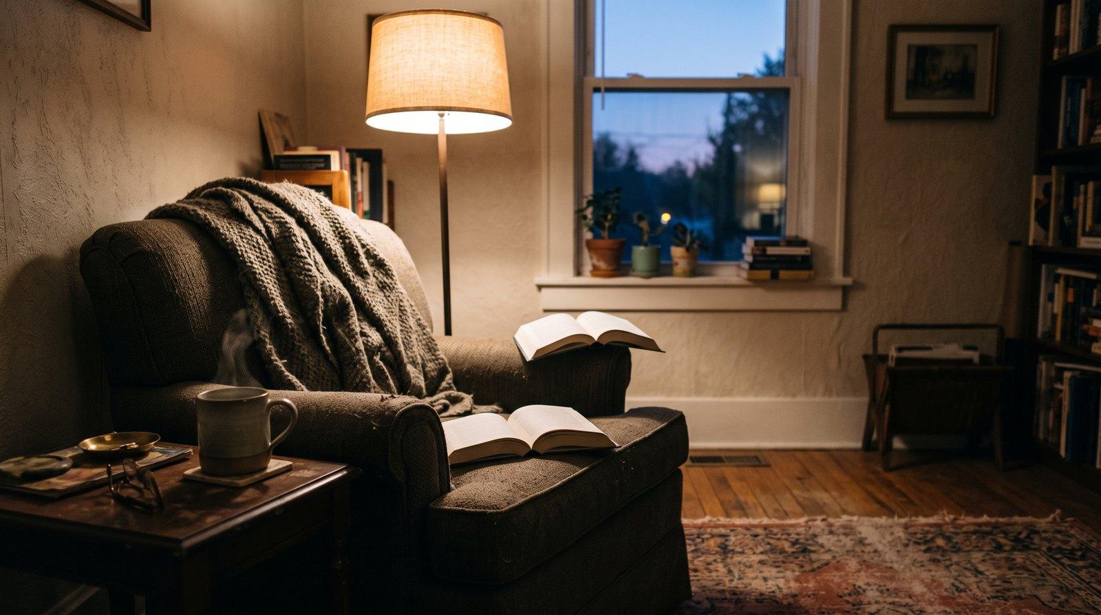 Evening reading nook with an armchair, wool throw, floor lamp and a cup of chamomile tea