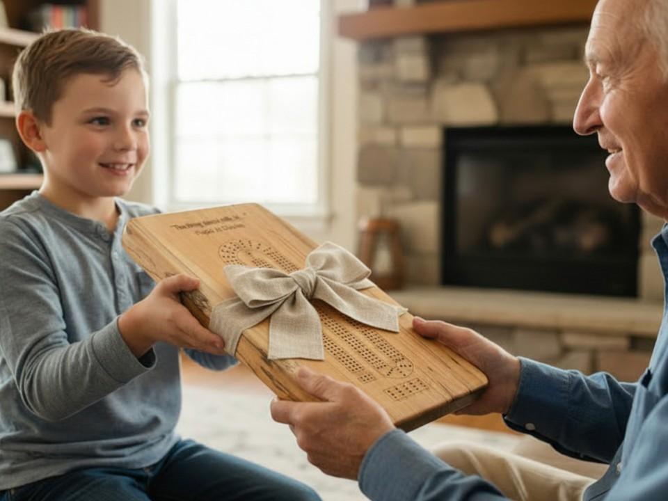 Personalized wood cribbage board being given as a gift, custom engraved game board for meaningful moments