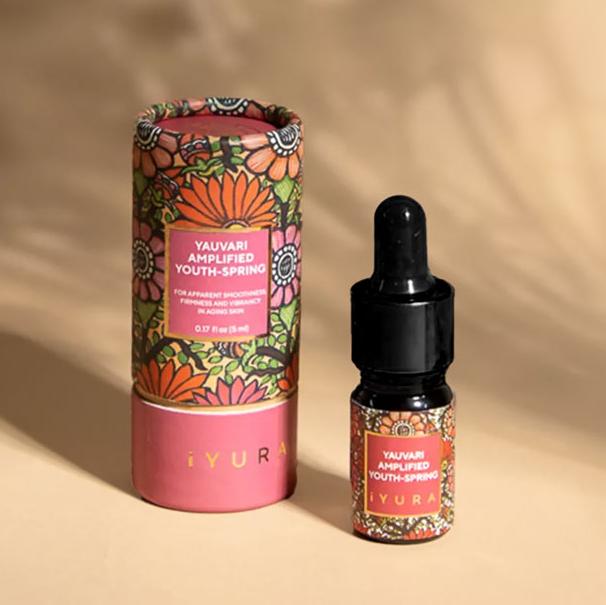 A bottle of Yauvari amplified youth spring and its packaging