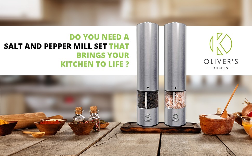 Oliver's Kitchen Salt & Pepper Grinder Set - 2x Premium Quality Ceramic Grinders - Easy to Fill & Use - Season to Perfection with Adjus