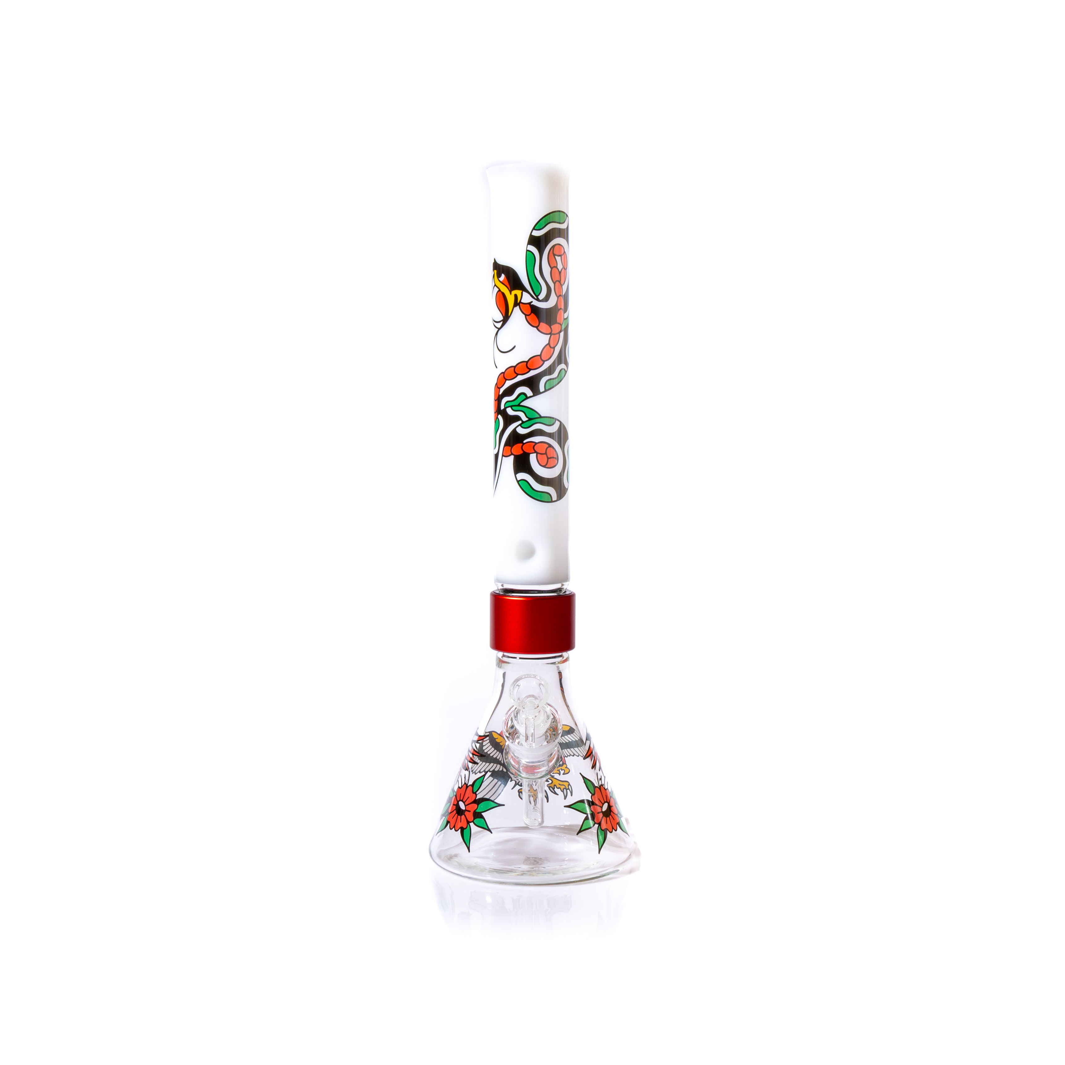 "A Prism modular single-stack beaker bong featuring a combination of clear and opaque white borosilicate glass. The 'Inked' decal family, designed by Zac Cleminson, is shown permanently fired into the glass mouthpiece and base. The set-up includes a white glass mouthpiece, clear beaker base, and black Halo connector, showcasing a clean American Traditional tattoo aesthetic on high-quality, lead-free glass."
