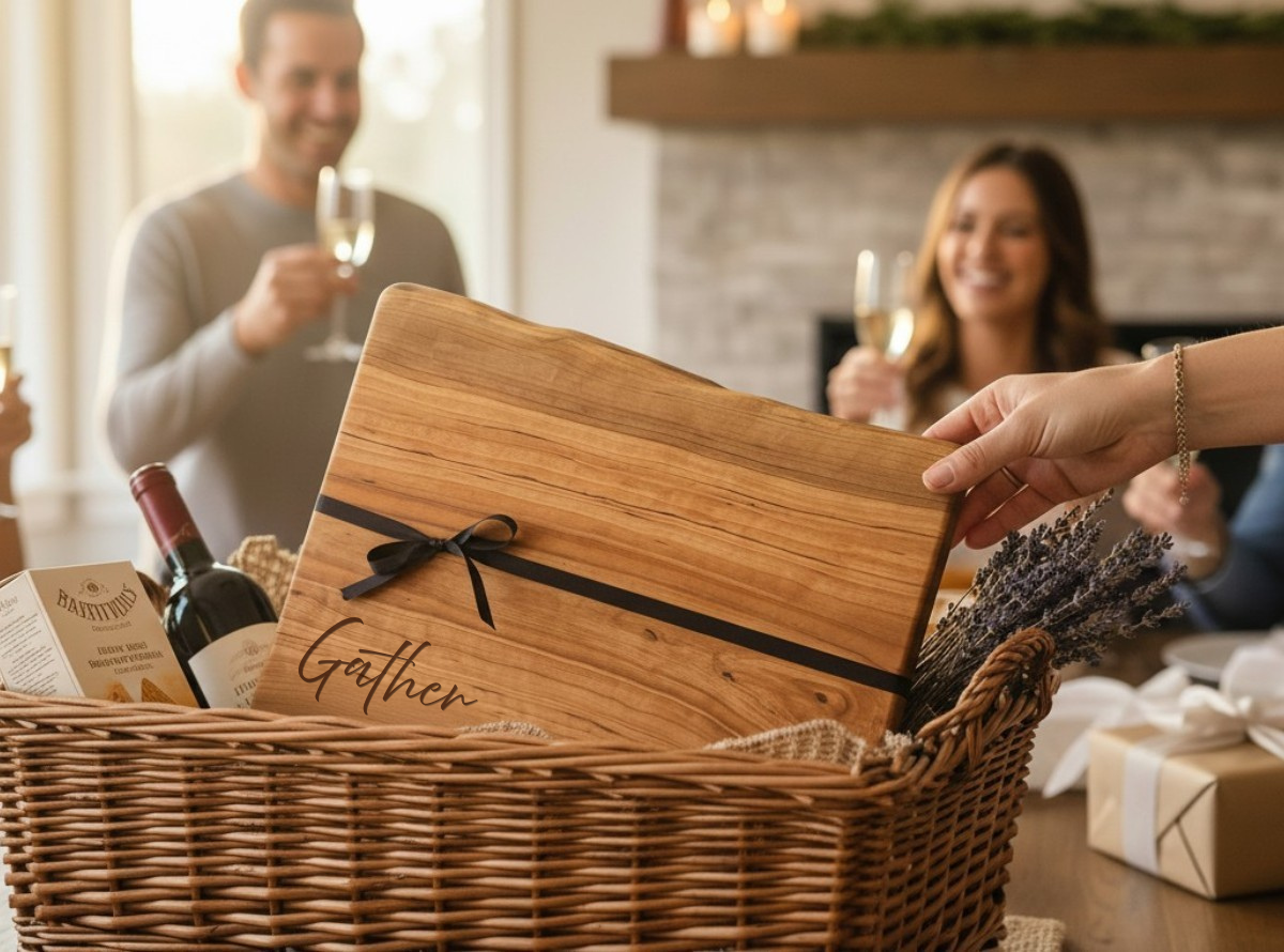 Friends giving a personalized live edge cherry charcuterie board as a housewarming gift