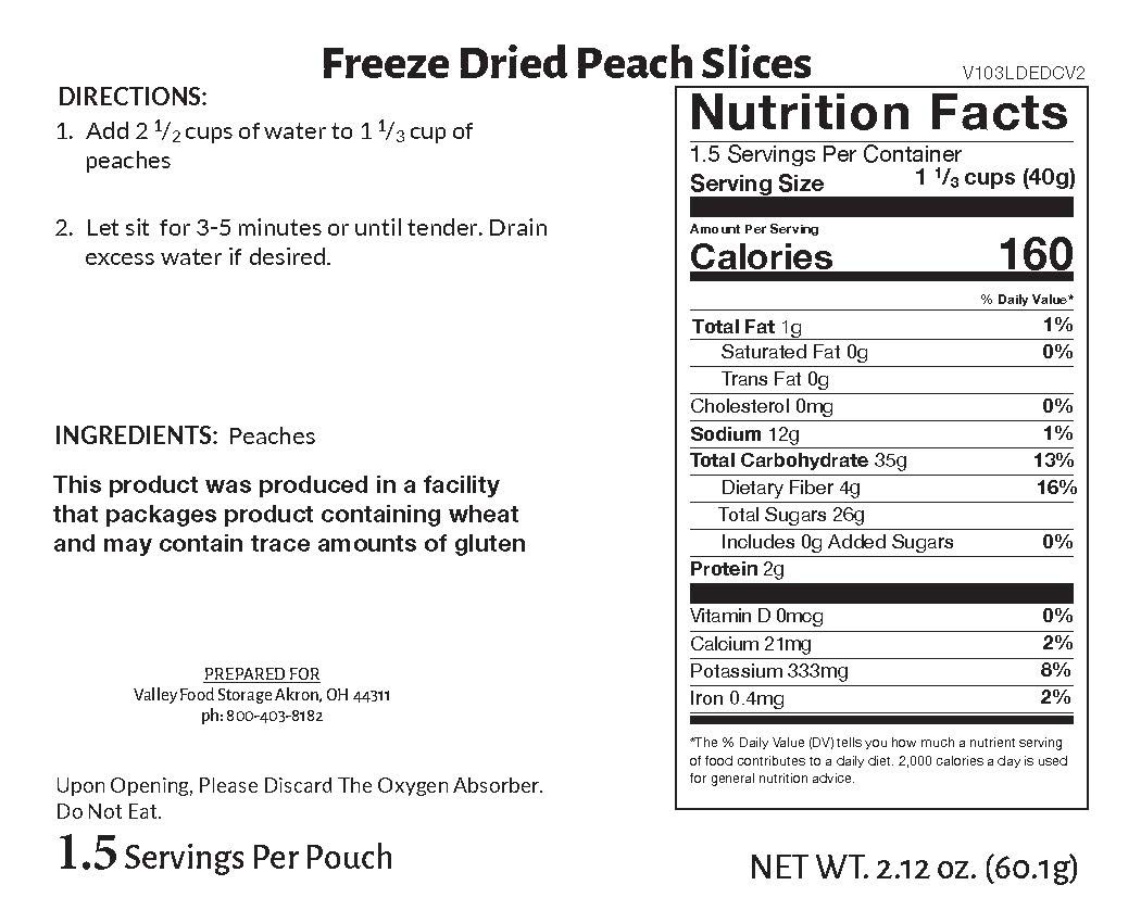 Valley Food Storage Freeze-Dried Peach Dices Long Term Food Storage Nutrition Label