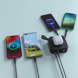 power bank, universal chargers, wireless chargers, travel chargers, portable iPhone charger, portable charger for trips and flights, Magsafe, 15W/20W chargers, fast charging, USB-C, compact design, high capacity, multi-device charging, power on-the-go, lightweight, durable, quick charge, convenience, battery backup, portable power, efficient charging.