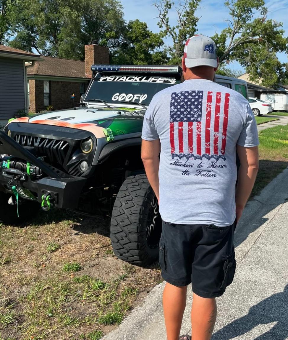 Honor the fallen stack life t shirts. american flag with stacked jeeps under it