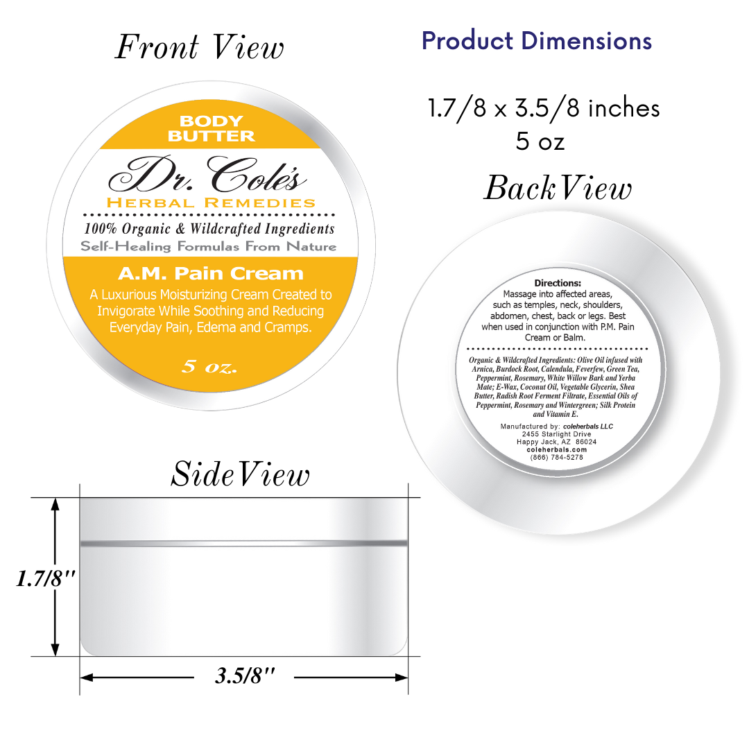Dr. Cole's A.M. Pain Cream front, back and side views