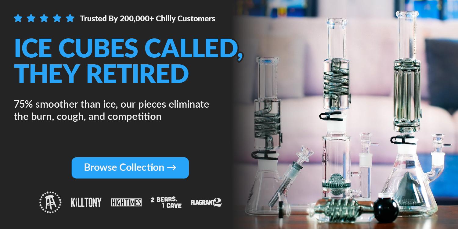 glass bongs on table in front of couch