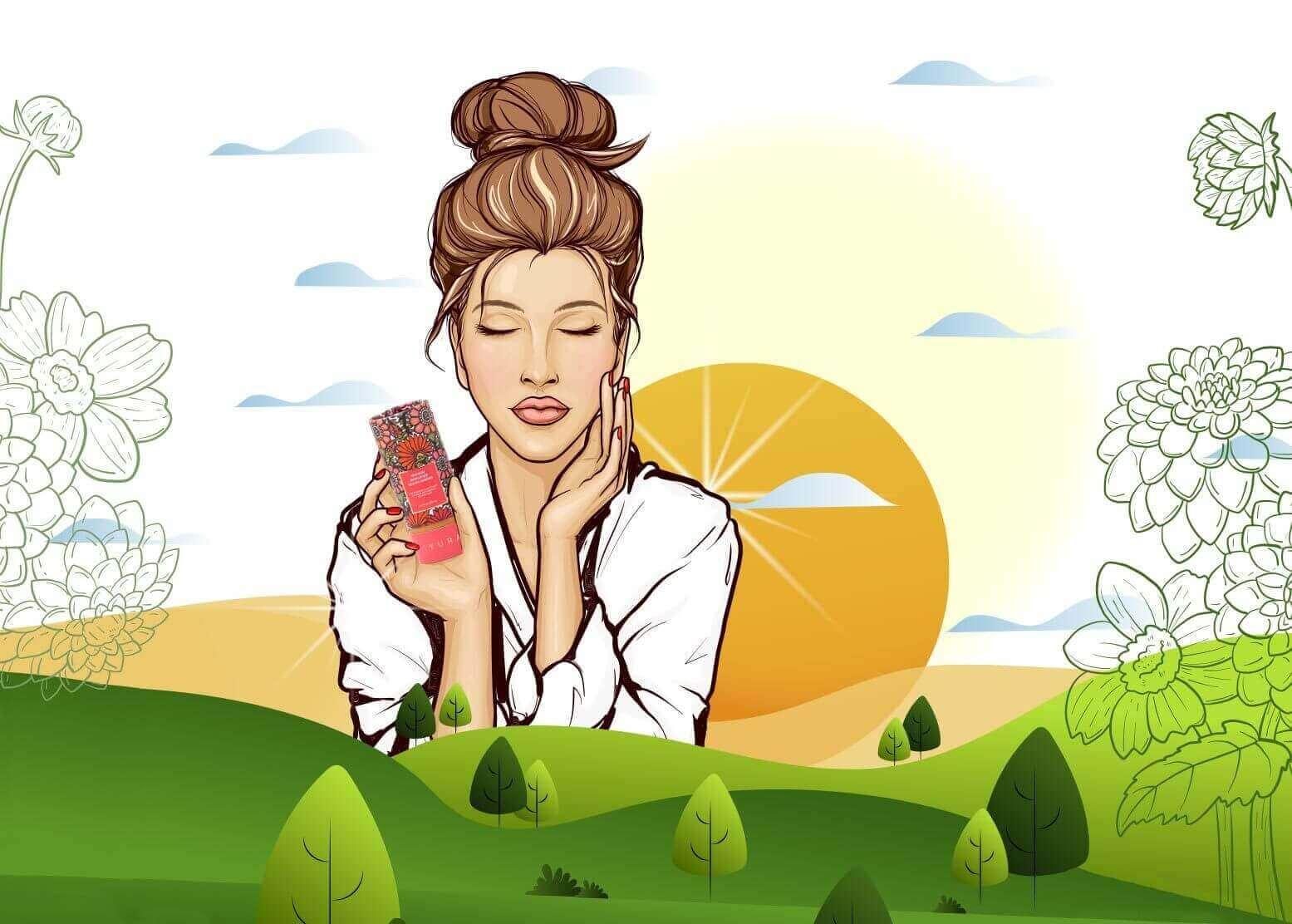 An illustrated woman holding the bottle of oil with a sunset in the background and greenery below