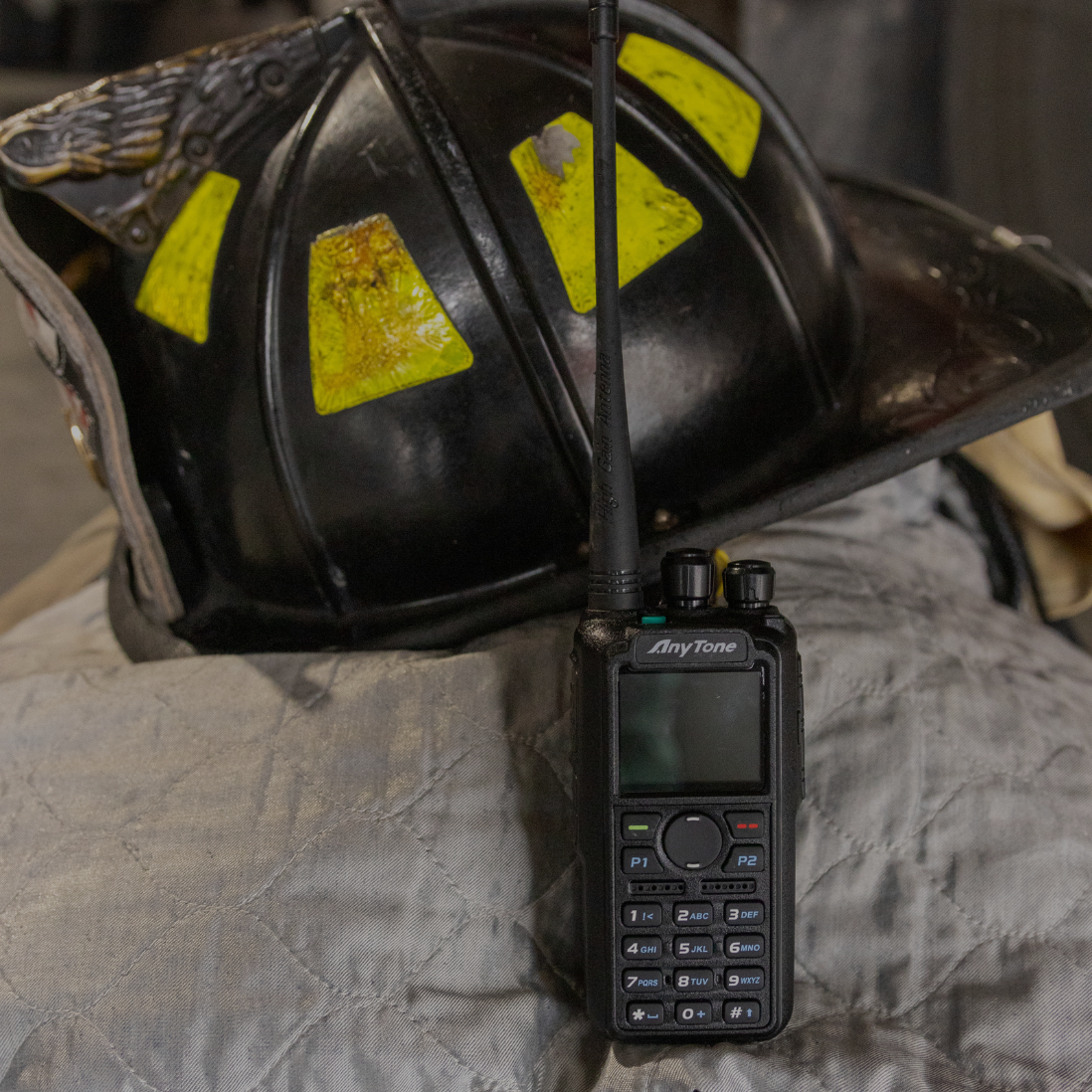 Security officer holding a radio