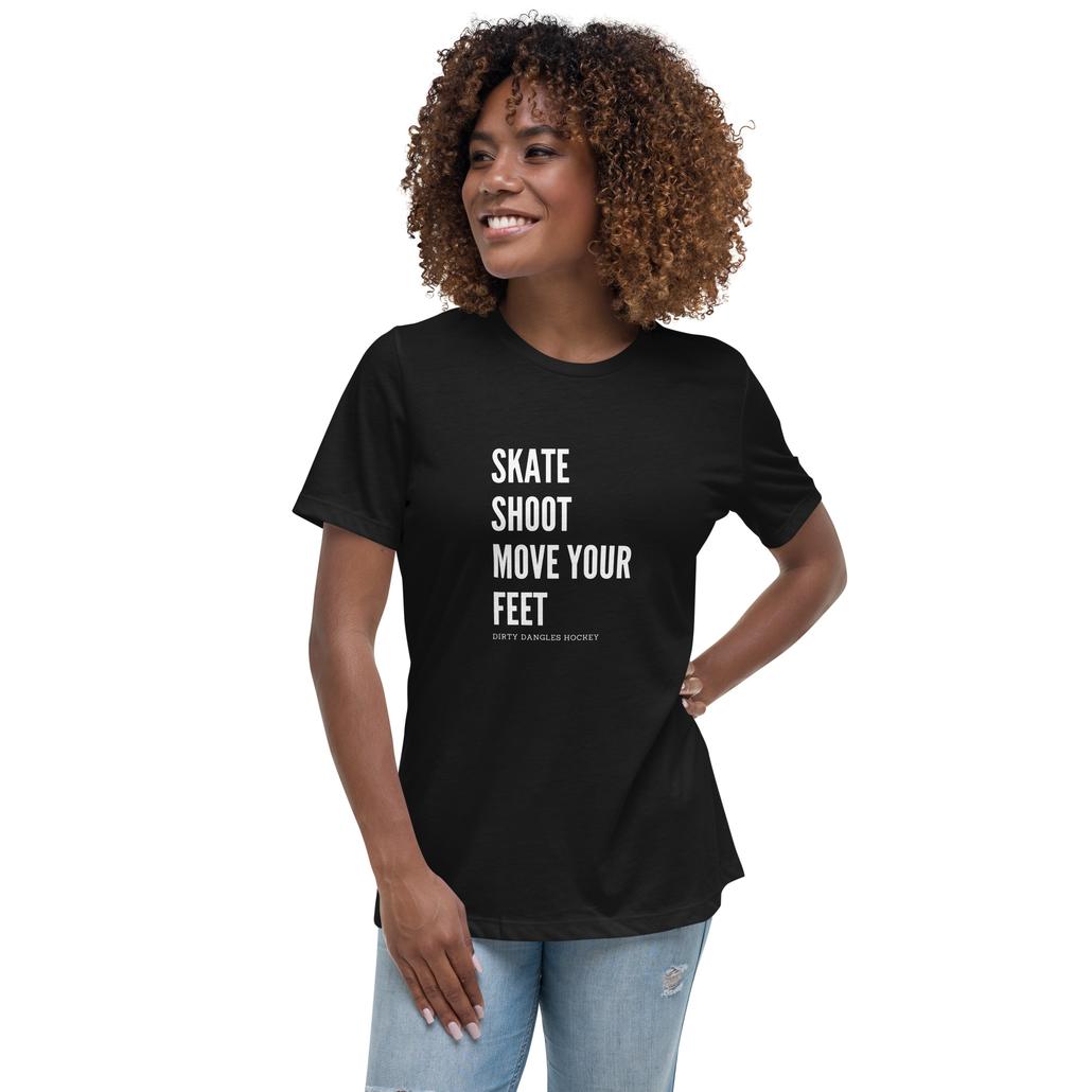 A woman in a black t shirt. Skate Shoot Move your feet