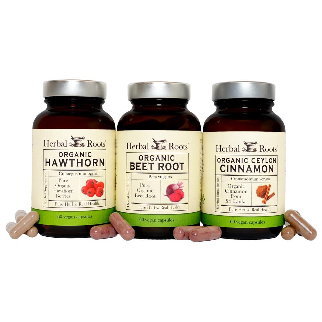 Bottles of Herbal Roots Organic Hawthorn, Organic Beet Root and Organic Ceylon Cinnamon next to each other