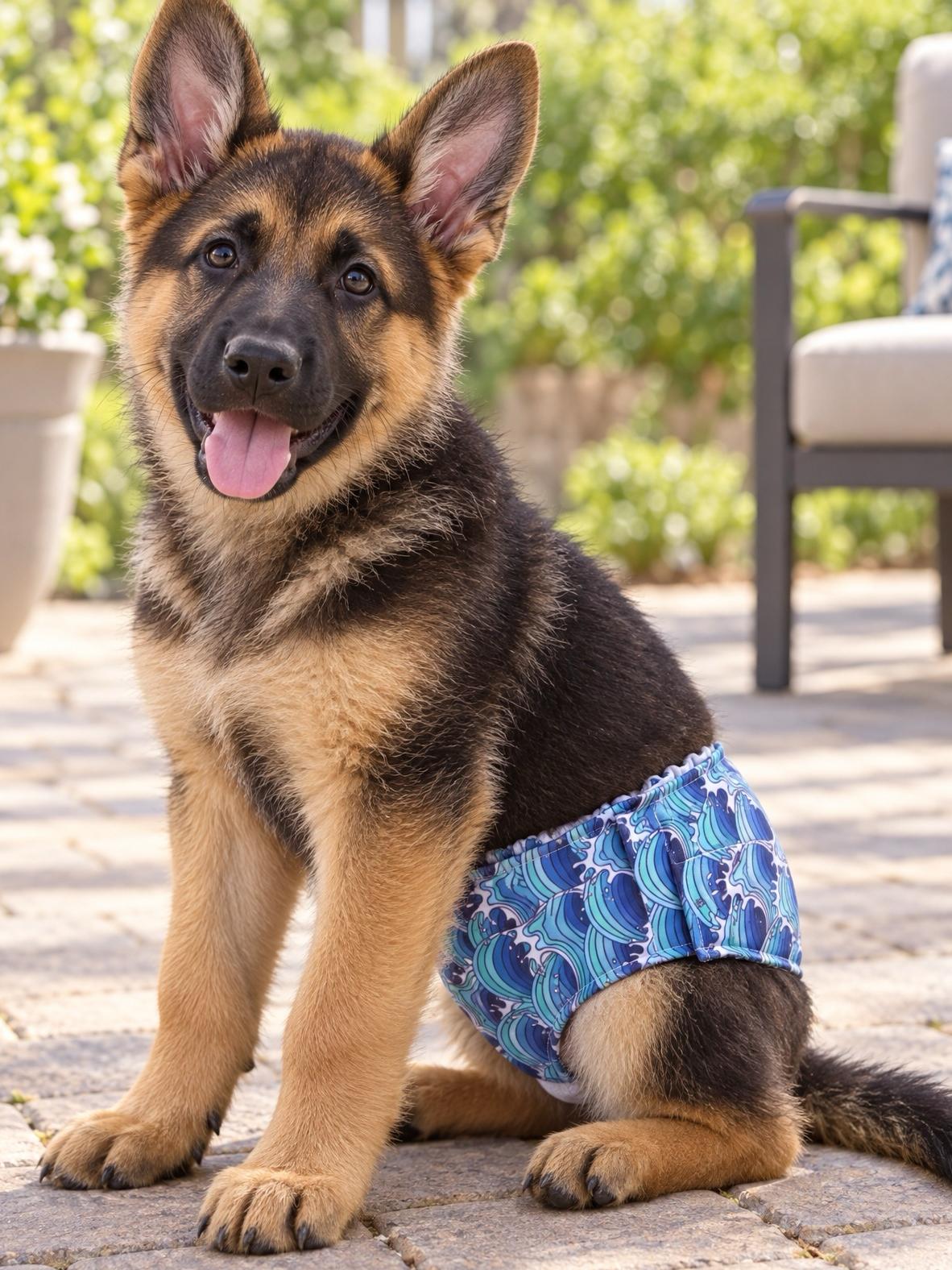 A puppy wearing a dog belly band