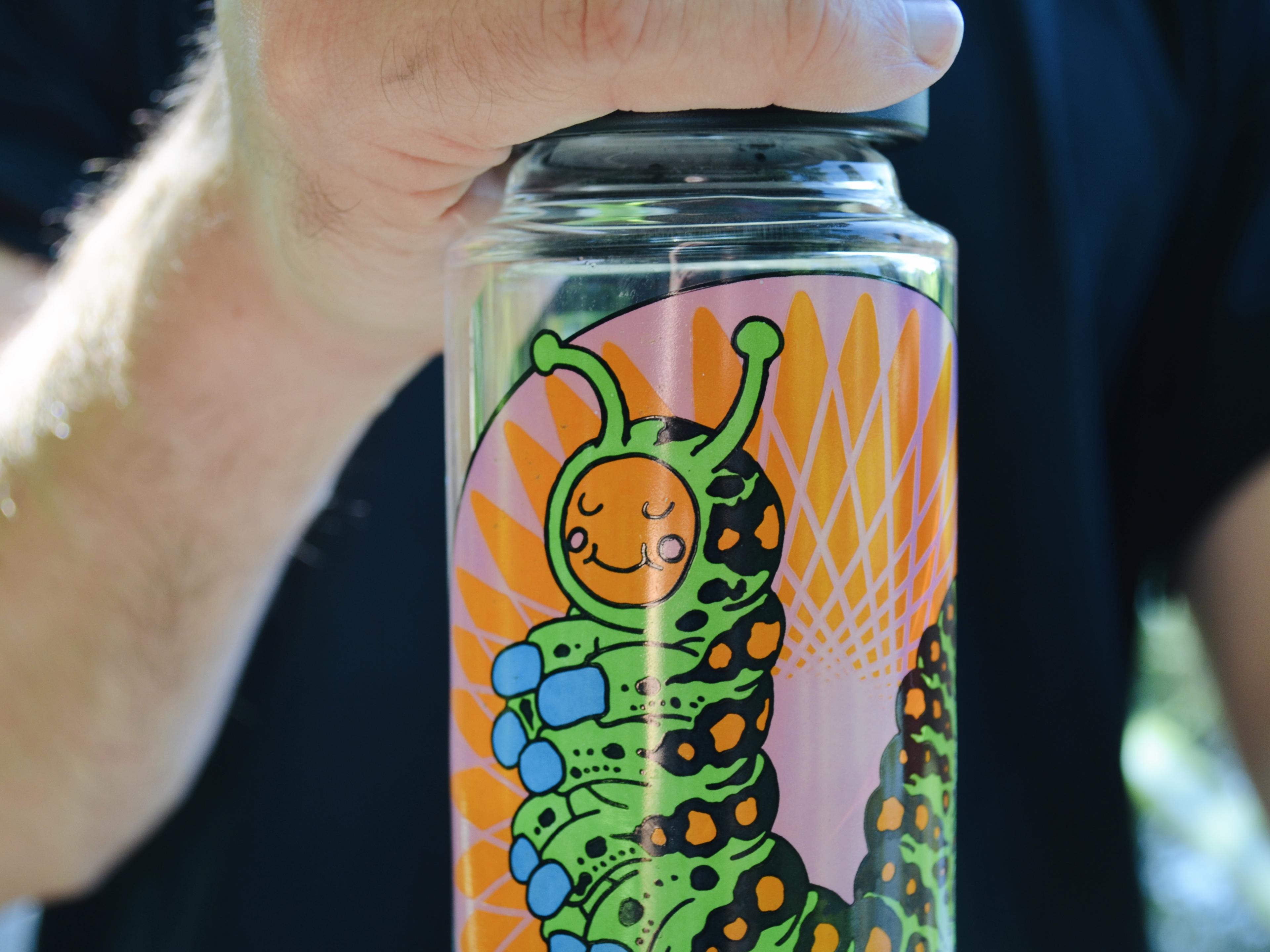 A close-up image of a Prism honeycomb base with an orange, pink and green caterpillar Pond Life decal in a person's hand