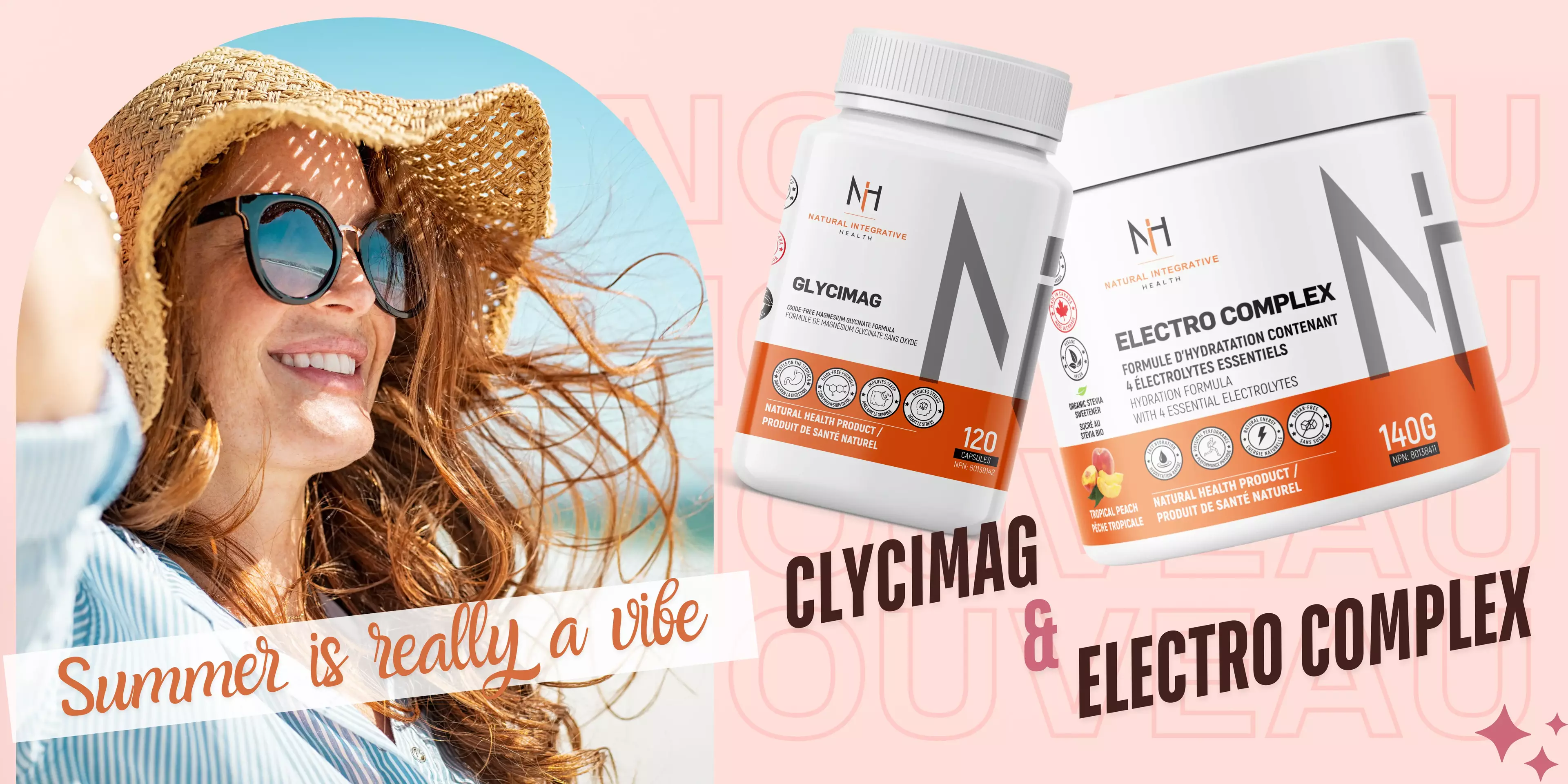 “Femme souriante avec chapeau au soleil et suppléments naturels Glycimag et Electro Complex de NIH Supplements pour l’hydratation et le magnésium cet été”