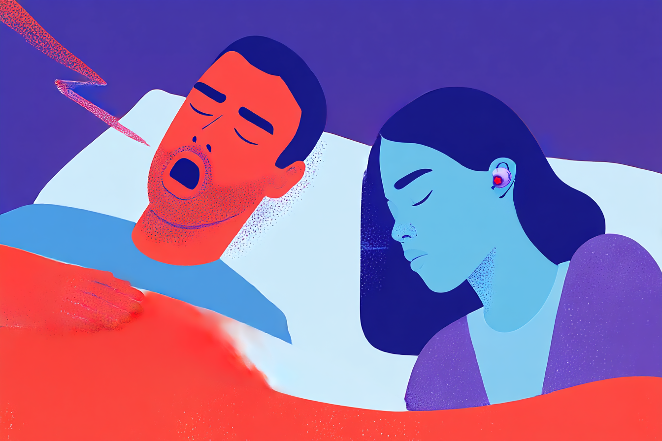 A man lying in bed snoring beside a woman using earplugs for snoring to block out the noise.
