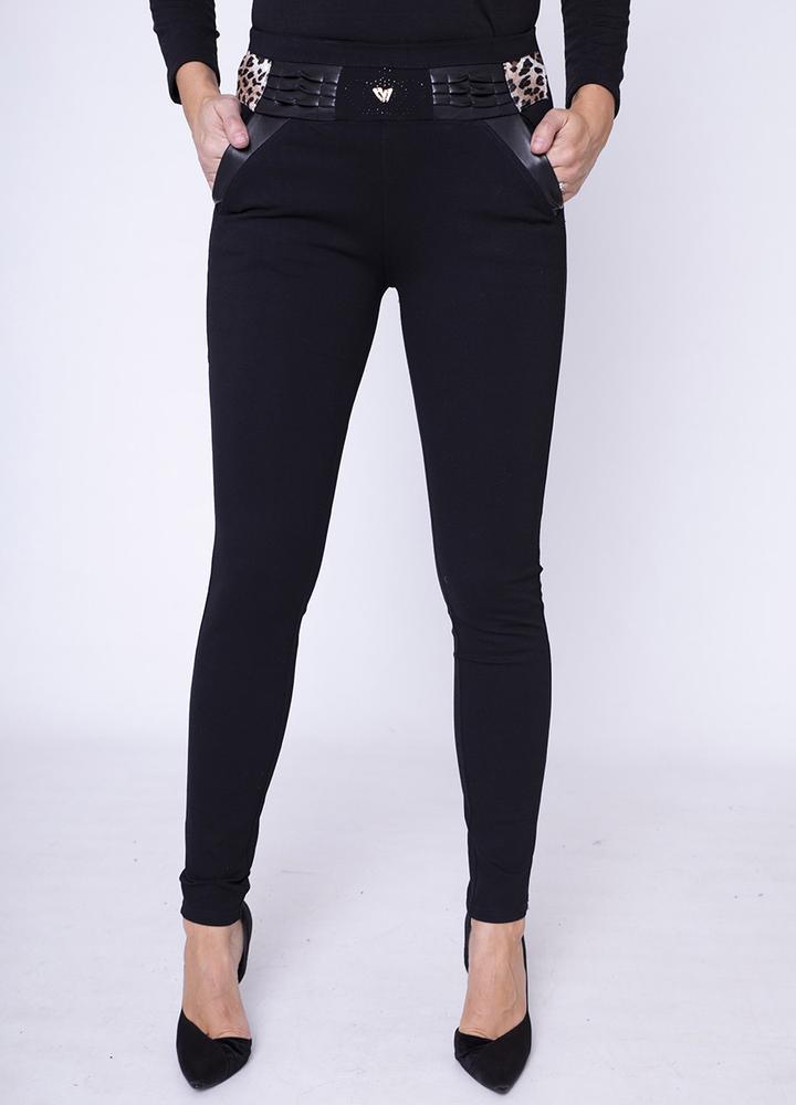 Stretch Waist Leather Trim Trouser in Black