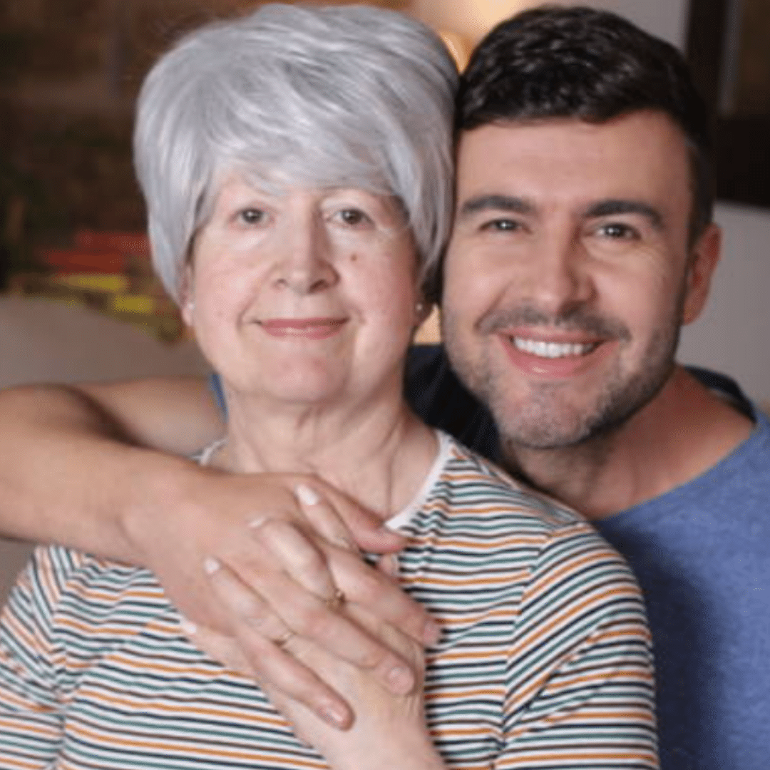 Smiling older woman with younger man, showcasing confidence after using Mirai soap.
