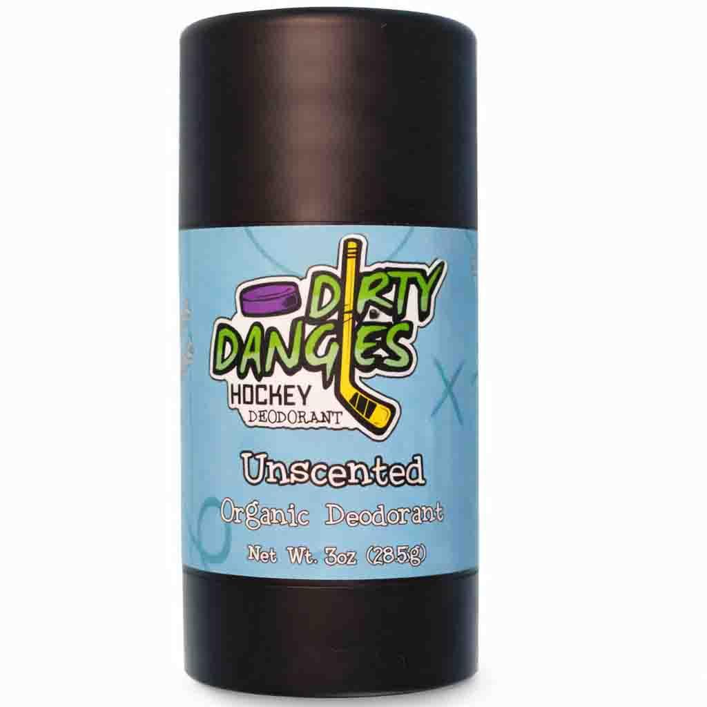 3 tubes of dirty dangles natural handmade deodorant on a blue background. 2 games on the beach, unscented, the michigan.