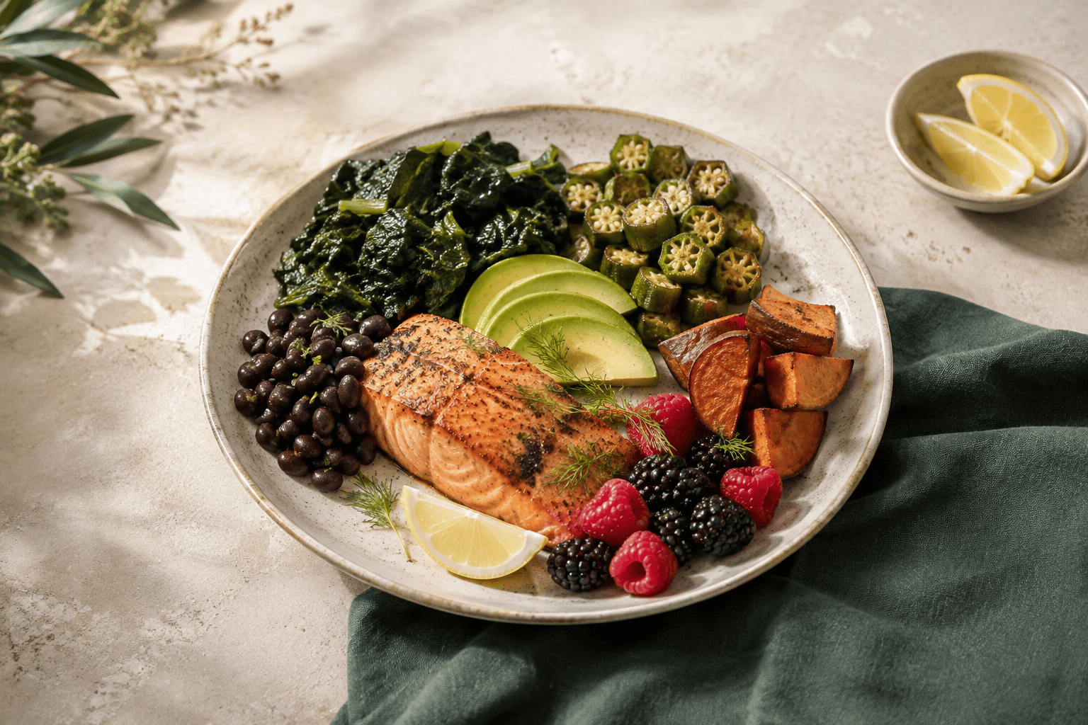 Balanced plate with salmon, collard greens, okra, black beans, avocado, berries and roasted sweet potato.
