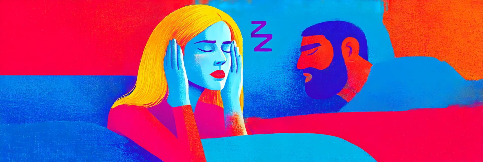 A girl covering her ears to block the snoring of her partner.